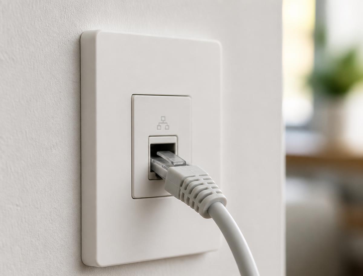 Ethernet wall jack in a modern home with a cable plugged in