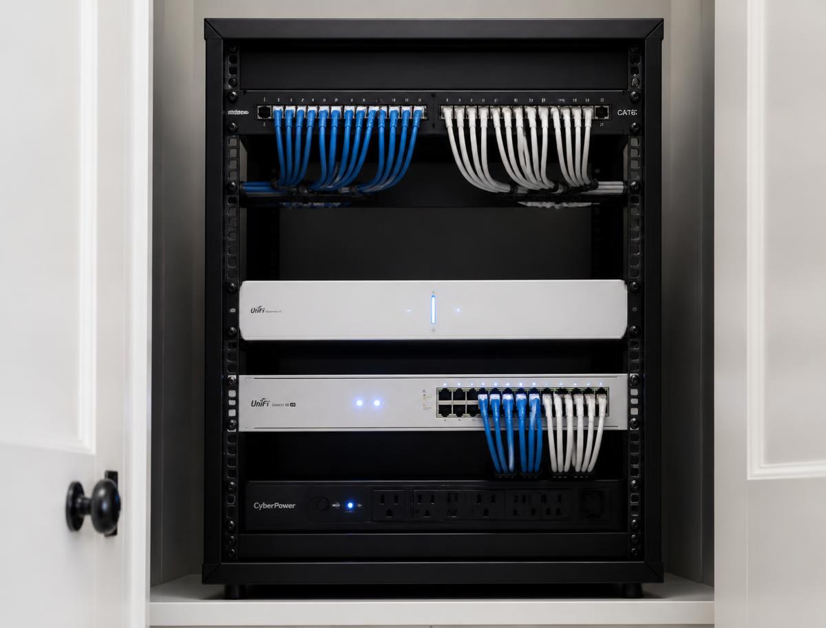 Neatly cable-managed home network rack with a UniFi gateway and switch